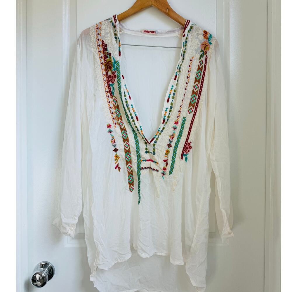 Johnny Was White Long Sleeve Floral Embroidered‎ Tunic - Size Medium